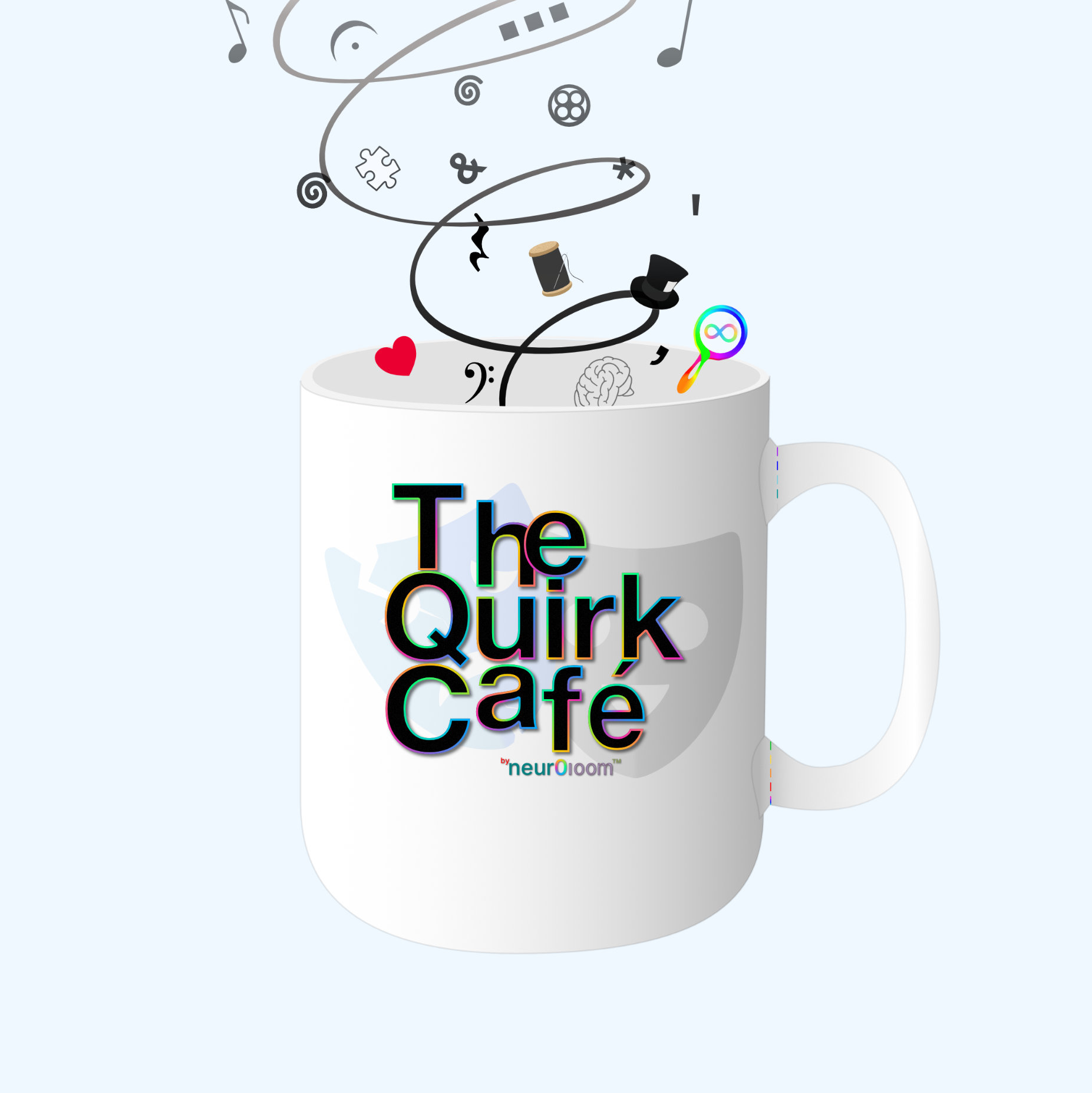 The Quirk Café logo and mug