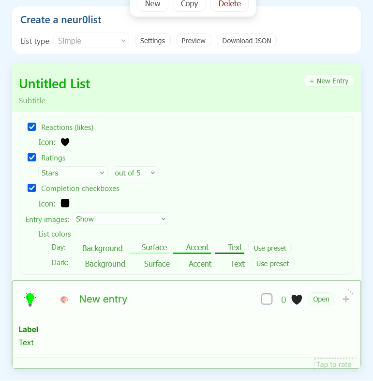 The neur0list creation page, showing a list with an entry open for editing