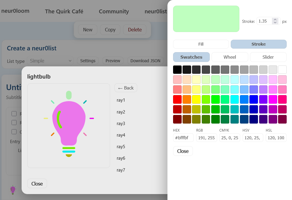The neur0moji layer editor, recoloring individual parts of a lightbulb icon